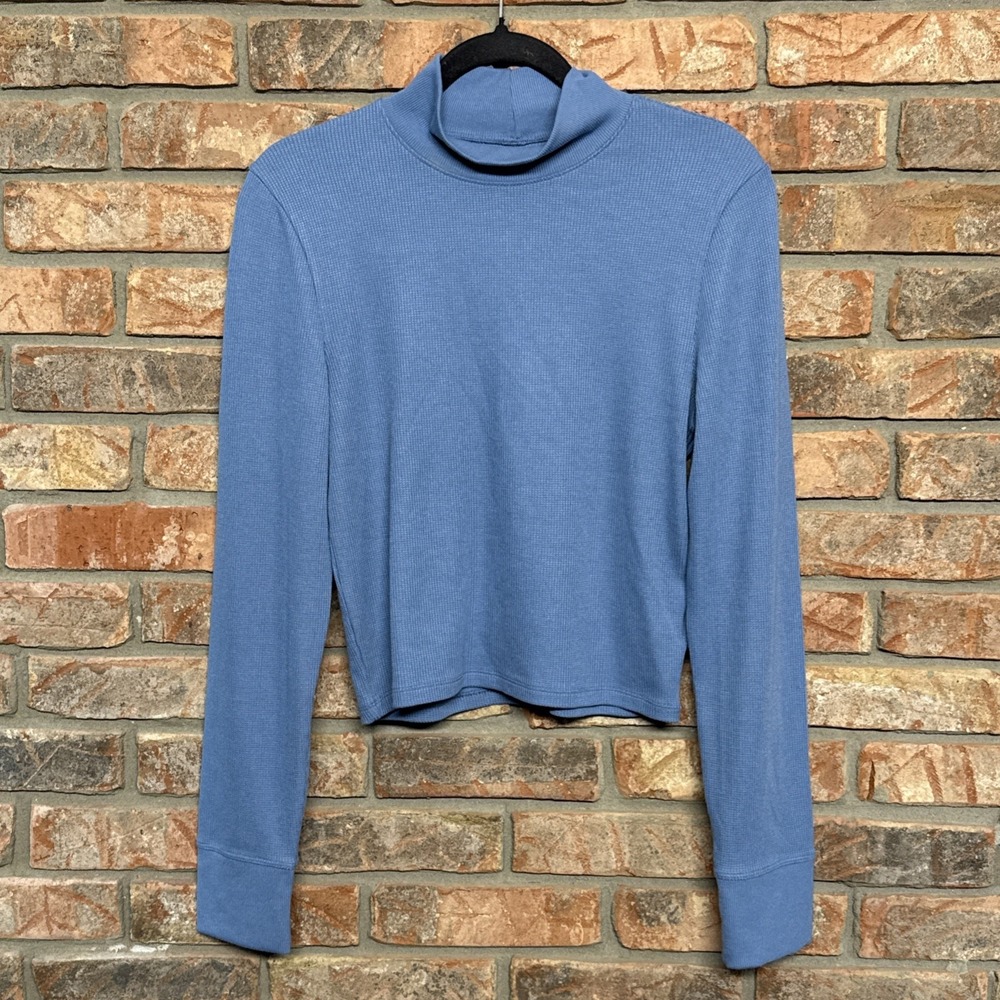American Eagle Waffle Blue Crop Mock Neck Long Sleeve Stretch ShirtWomens XL NWT